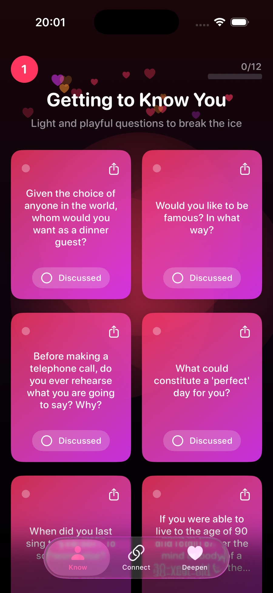 A guided set of prompts keeps the conversation moving without losing the shared flow.